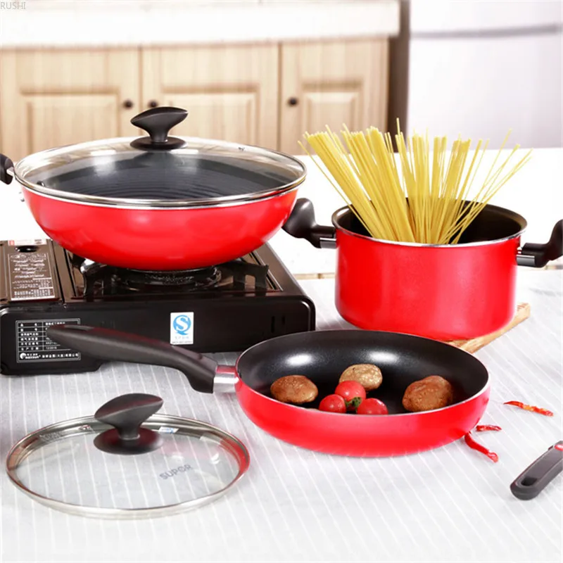 

Red/ Orange Smokeless and Non-Stick Frying Pan Wok and Kitchen Soup Pot Set Three-piece Combination Home Cookware Set