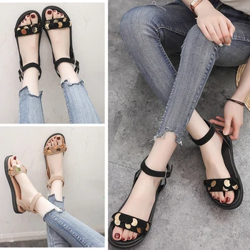 

2019 Casual Shoes Women Sandals Flat-Bottom Sequins with One-Word Buckle and Thick-Bottom Korean Beach Shoes Dropshipping