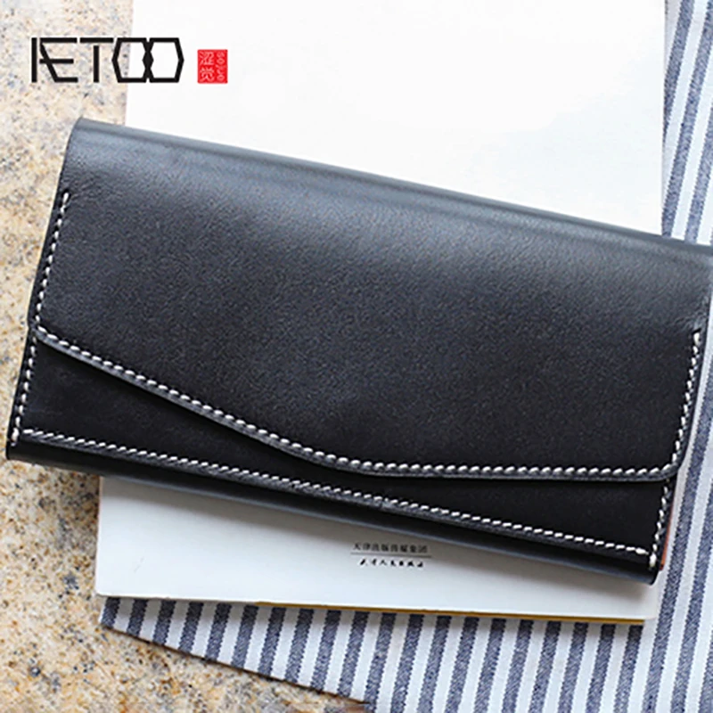 

AETOO Handmade long wallet head layer cowhide hand bag planting tanning leather ticket clip mobile phone bag