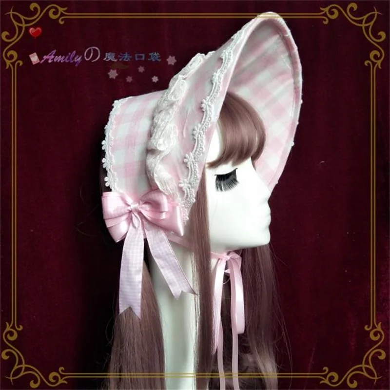 

Handmade Victorian Bnt Japanese Princess Lattice Light Pink Bonnet Headwear Sweet Lolita Bow Lace Women Top Hat Sun Hat Retro