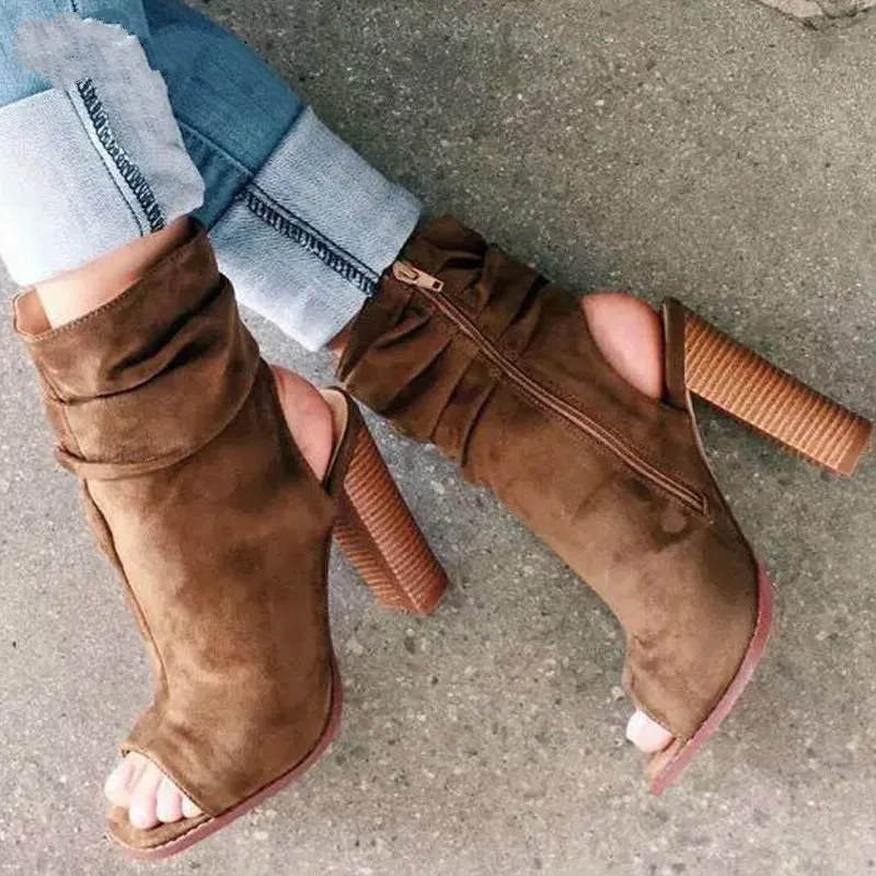 

2019 new New Spring/Autumn Rome Boots Sandals Square Heel 10cm Women's Zipper Ankle Strap Heels Peep Toe Boots size 35-40