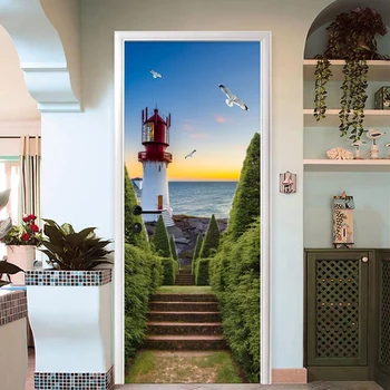 

PVC Waterproof Door Sticker 3D Ladder Sea Lighthouse Wallpaper Living Room Bedroom Door Decals Poster Self-Adhesive 3D Stickers