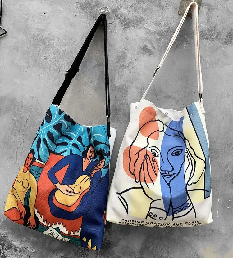 

Fashion Cartoon Printing Abstract Women Canvas Bags Shoulder Bags 2019 New Arrival Female Casual Soft Zipper Canvas Handbags