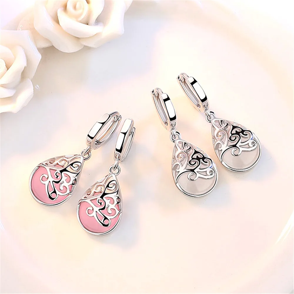 

925 Sterling Silver Earrings for Women Moonlight Opal Tears Totem Drop Earrings Girls Lovely Gifts White Pink Flower Earring