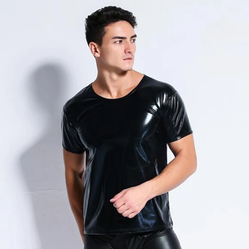 latex men sexy Faux leather t shirts Male fashion Undershirts Men black ...