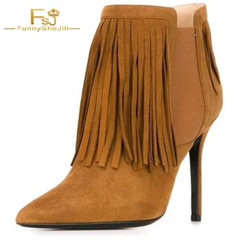 

shoes women pointed toe ankle boots Brown Pointed Toe Stiletto Heel Vintage Chelsea Boots with Fringe thin high heels FSJ sexy