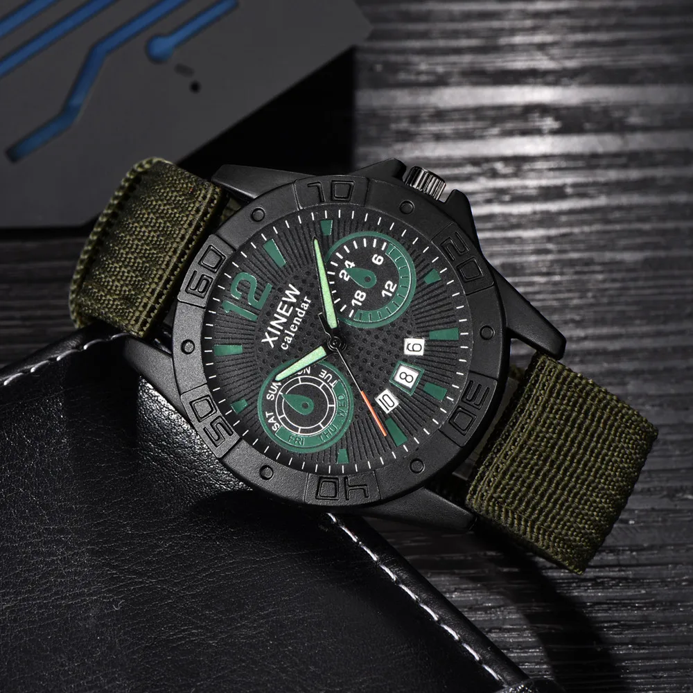 XINEW Canvas Wrist Watches Men's Sport Calendar Clock Relogio Masculino Top Brand Men Steel Dial Military Quartz Watch#Zer