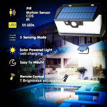 

55 LED 900lm Solar Light remote control radar smart 3 side lighting Garden camp wall street lamp usb96 yard c