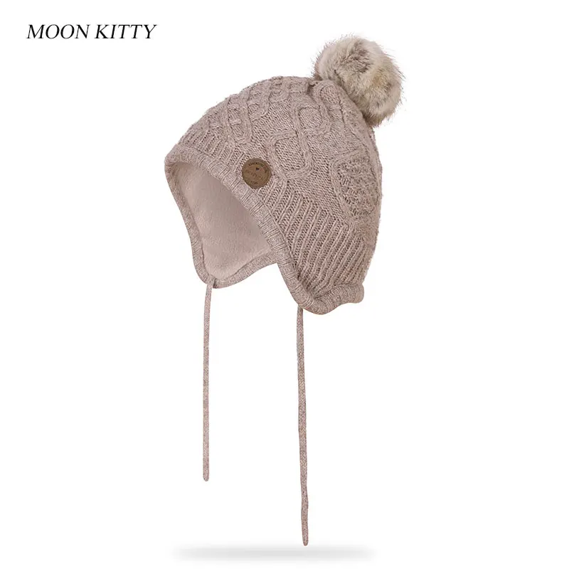 Moon Kitty Baby Girls Earflaps Knit Hats Infant Girls Winter Warm Wool Hats Caps with Fleece Lined