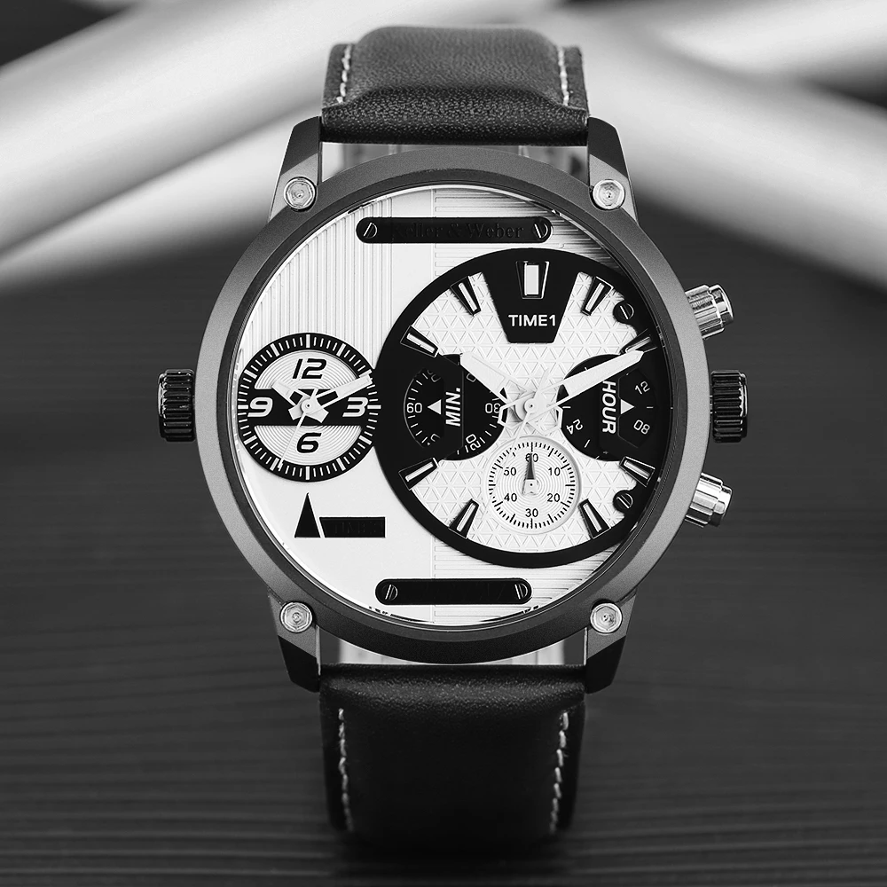 

New Mens Big Dial Quartz Dual Time Zone Movement Business Wristwatch Personality Life Style