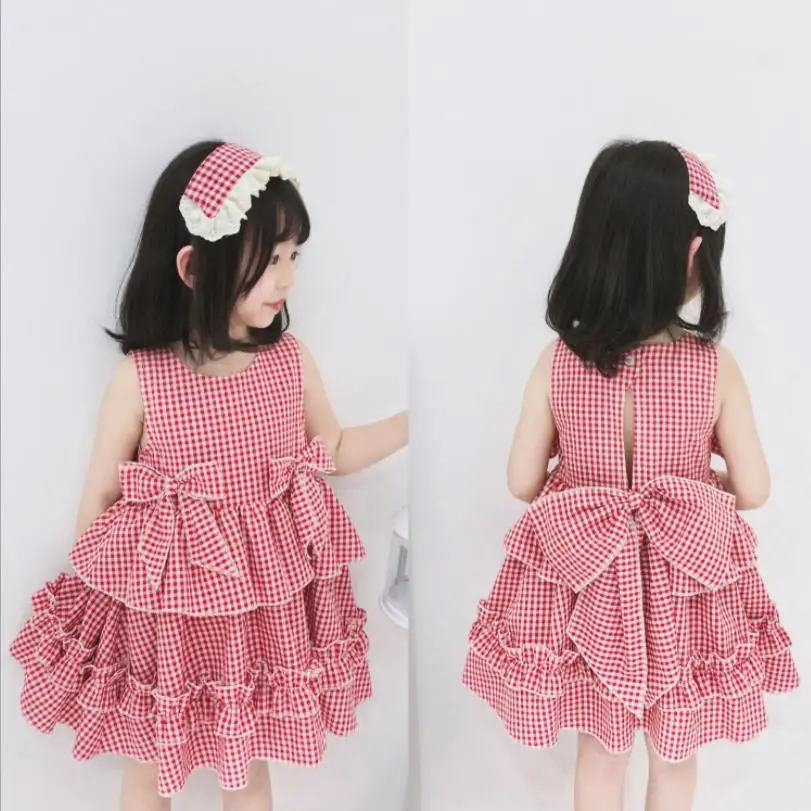 

GIrls baby plaid dress 2019 hot selling big bow cotton dress princess sleeveless o-neck dress children clothes ws588