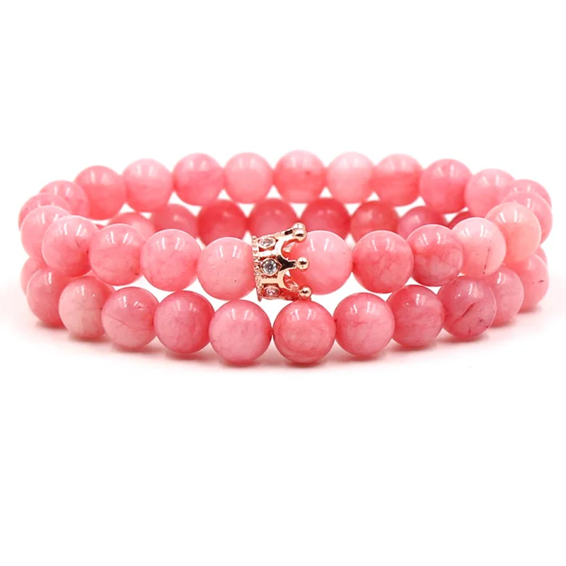 Fashion Couple Charm Bracelet Sets Men Jewelry Micro-inlaid Zircon Crown Pink Crystal Beads Healing Elastic Bracelets For Women | Украшения