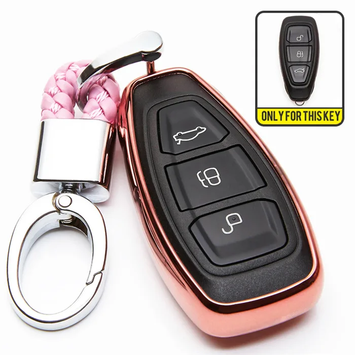 ТПУ чехол для автомобильных ключей для Ford Fiesta ST Fusion MK4 Mondeo Фокус ка S Max Ecosport Galaxy Kuga кольцо для ключей в виде ракушки аксессуары - Название цвета: Pink With Keyring