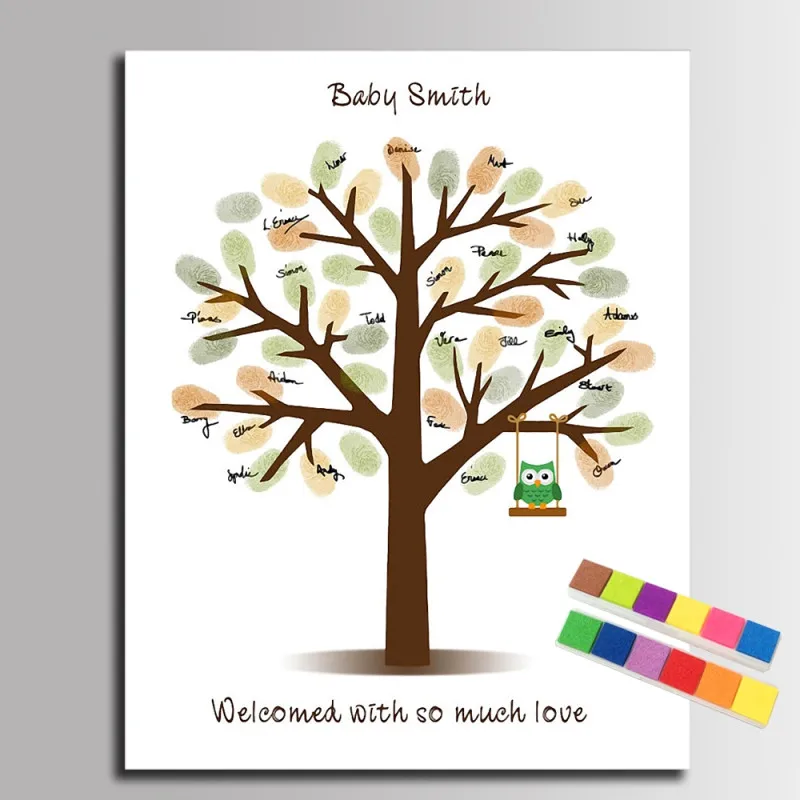 Зеленый Качели Сова DIY отпечатков пальцев Подпись дерево холст картины Baby Shower партии Гостевая книга уникальный подарок