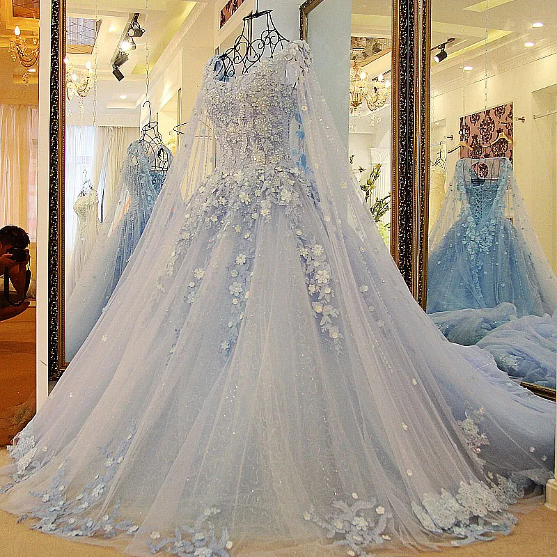 Романтический небо синее свадебное платье Vestido de noiva кружевная Апликация платье с жемчужинами свадебное платье es с длинной накидкой индивидуальный заказ