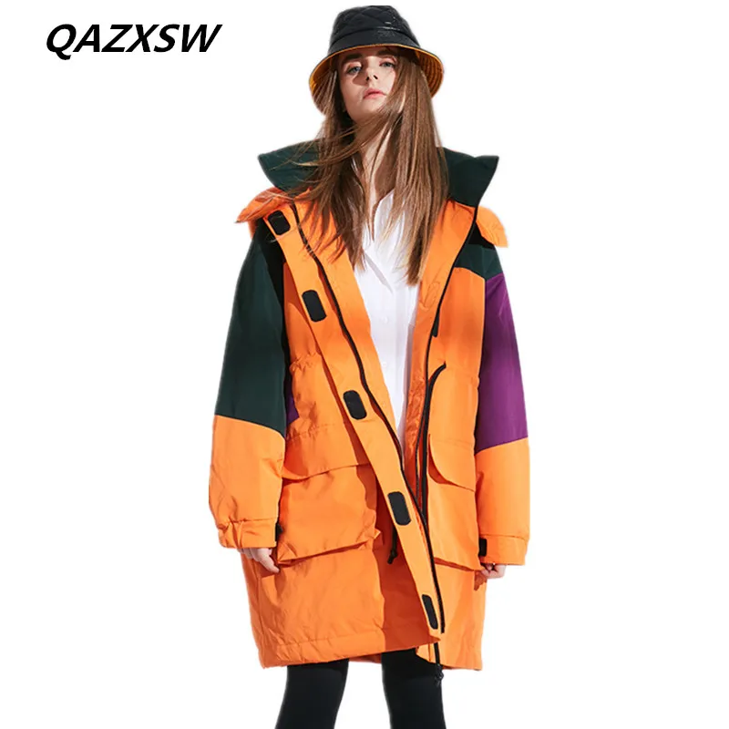 QAZXSW 2018 Новый Для женщин Зимняя куртка пуховик внешний модные длинные строчки