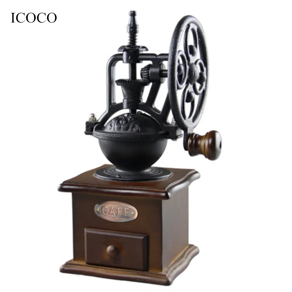 ICOCO ручная кофемолка в винтажном стиле, деревянная кофемолка для зерен, шлифовальный круг обозрения, дизайнерская ручная кофемашина