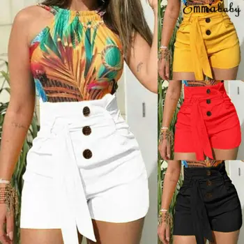 

Meihuida 2019 Button Solid Women Summer Shorts High Waist Fashion Loose Shorts Belt Beach High Waist Short Trousers Fashion