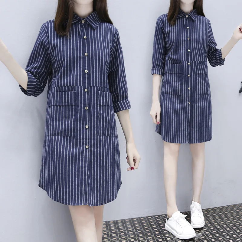 5xl плюс большие размеры blusas feminina Новинка корейский Весна-осень стиль осенние женские тонкие полосы рубашки с длинным рукавом Женские y0452