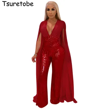

Tsuretobe Cloak Sequin Wide Leg Jumpsuit For Women V Neck Sexy Elegant Jumpsuit Backless Party Club Lace Bodysuit Vestido Slim