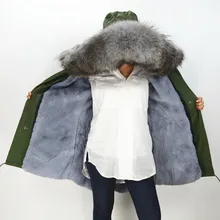 S1544 2016 Wholesale / Retail Navy/ Green/ Black Long Jacket Women Real Raccoon Large Fur Collar Top Warm Parka Fur Lined Coat