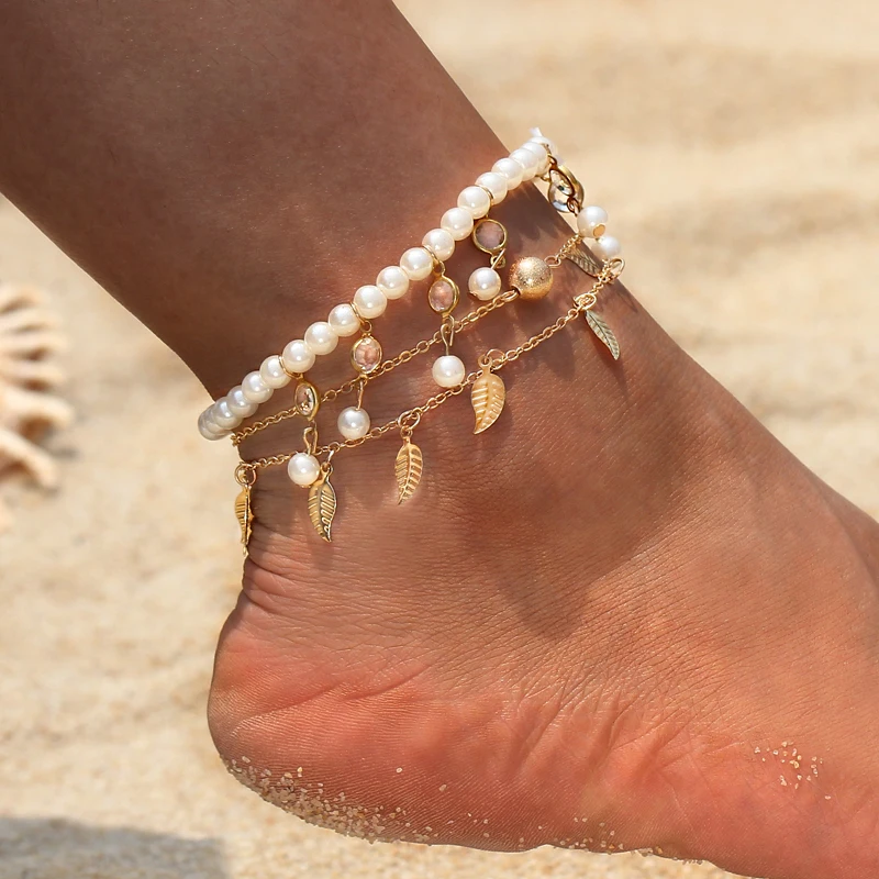 Винтажные женские ножные браслеты с искусственным жемчугом, золото, серебро, Новые многослойные ножные браслеты ручной работы, летние ювелирные изделия в богемном стиле