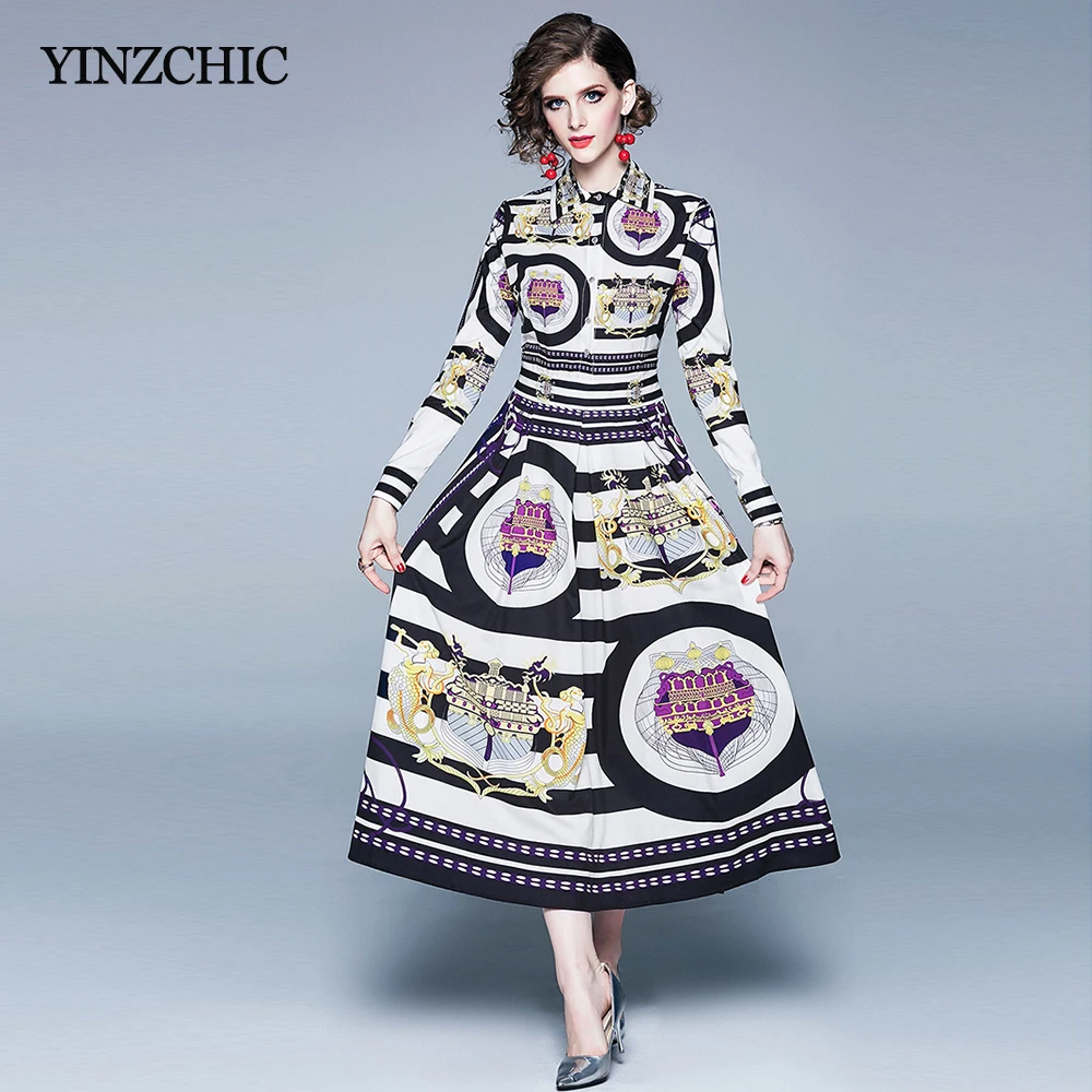 

Vintage Printed Woman Autumn New Dress Full Sleeve Ladies Mid Party Dresses Turn-down Collar Female Slim Runway Dresses