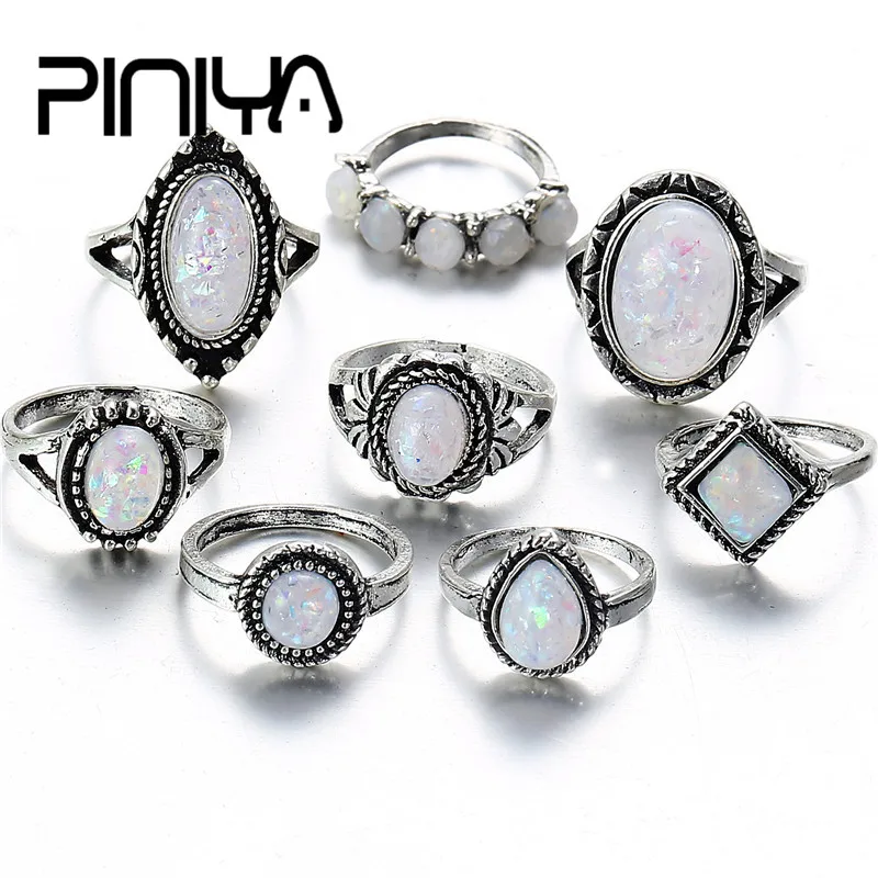 

8 piece/Set Vintage Retro Big Stone Ring For Women Boho Opal Antique Silver Color Rings Boho Jewelry Anillos Gift Oval Emotion