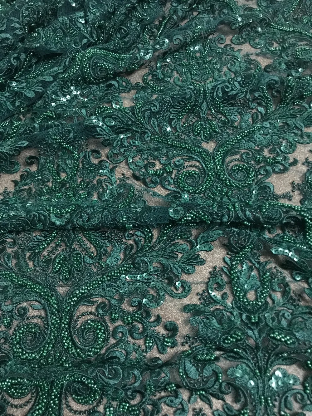 Top Quality Dark Green Nigerian Lace Fabric With Beads For Wedding