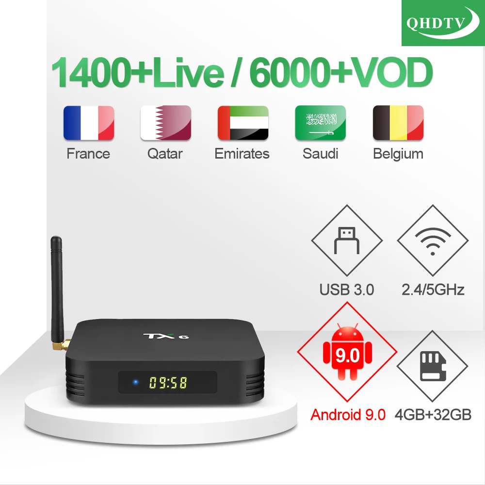 

IPTV France TX6 Android 9.0 TV Box 1 Year QHDTV IPTV Subscription Code 4G 32G Belgium Netherlands Morocco French Arabic IP TV