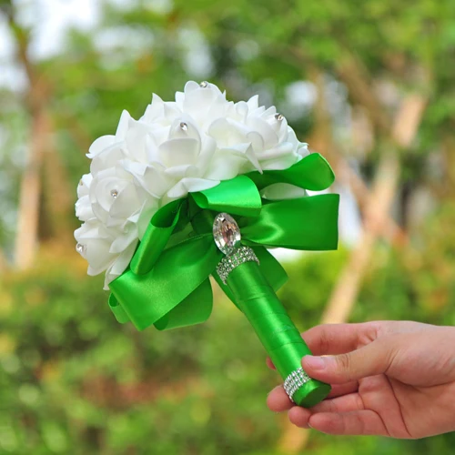 Романтический Букеты Свадебные невесты Свадебные украшения пены цветы розы Букет невесты Белый сатин цветами в руках - Цвет: Зеленый