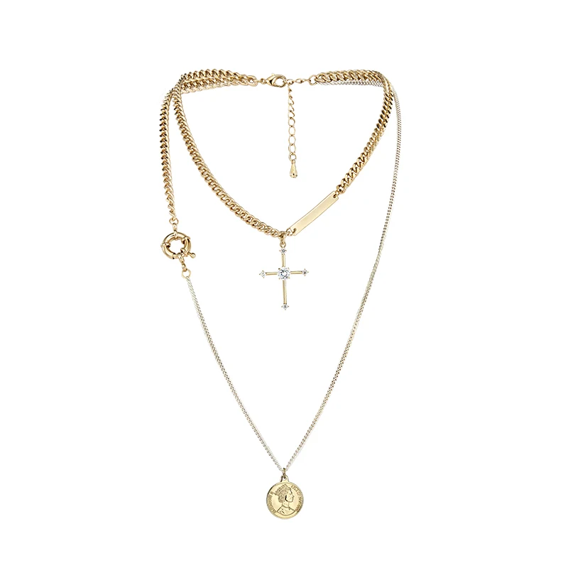 HUANZHI монета кулон крест многослойный золотой цвет металлический дизайн Прохладный шик длинная цепь ожерелья для женщин девушек вечерние ювелирные изделия подарок