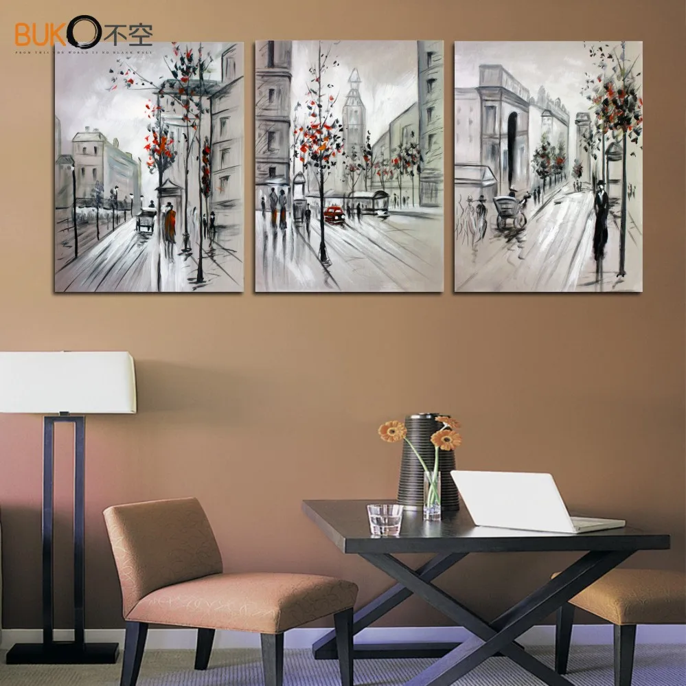 3 panel 100% pintado a mano abstracto pintura de la calle París estilo Europeo de navidad decoraciones para el hogar de la pared pictures for living