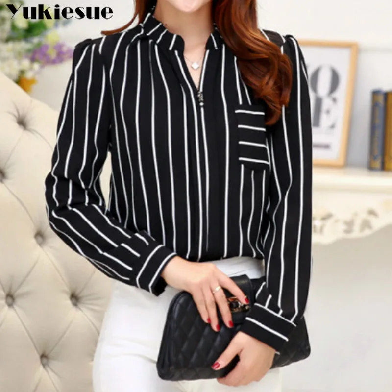 

2019 summer striped white shirt blouse for women blusas womens tops and blouses chiffon long sleeve shirts woman top plus size