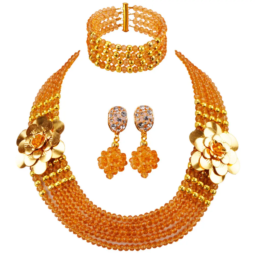 

Champagne Gold African Jewelry Set for Womens Crystal Beaded Costume Necklace Bracelet Earrings Sets 5LDH01