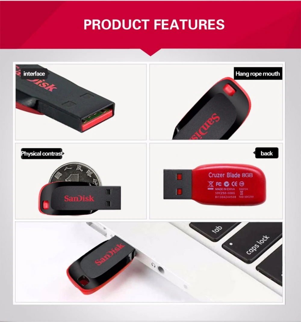 SanDisk USB флеш-накопитель Cruzer Blade U диск 8 ГБ 16 ГБ 32 ГБ 64 Гб 128 ГБ мини-накопитель USB 2,0 флеш-карта памяти SDCZ50