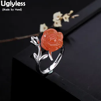

Uglyless 100% Real Natural Red Agate Flower Open Rings for Women Handmade Glossy Silver Flowers Finger Ring Ethnic Fine Jewelry