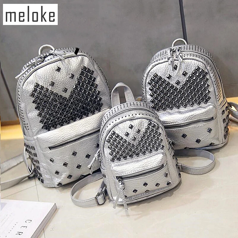 

Meloke 2019 high quality Teenager Girl fur ball School BagWomen's Waterproof PU Leather Rivet Backpack Mochila Feminina