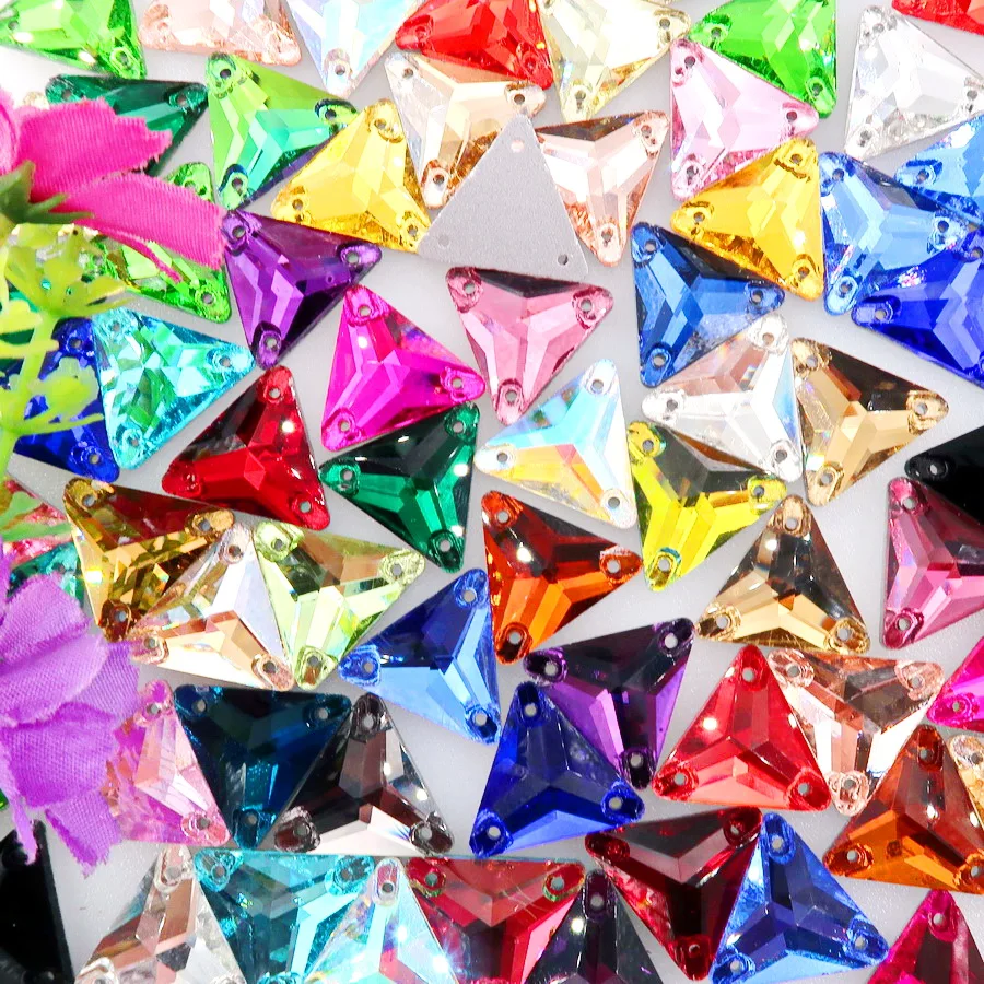 

Triangle shape flat back with two holes glass Crystal 3 sizes Sew on rhinestone crystals beads wedding dress shoes bags diy trim