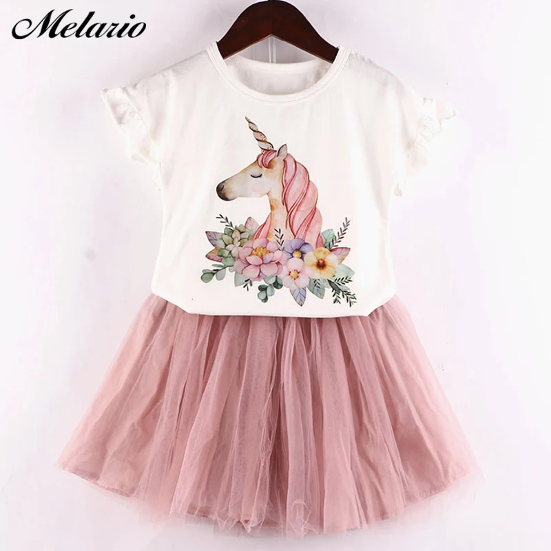 

Melario Girls Clothes Sets 2019 Summer Girls Clothing Set Kids Clothes Cartoon T-shirt + Pink Mesh Princess Skirt Suit 2pcs 2-6Y