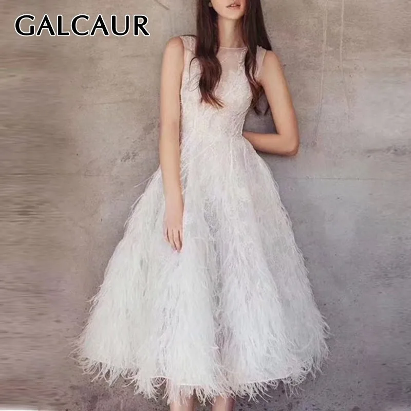 

GALCAUR Elegant Feather Patchwork Women Dress O Neck Sleeveless Off Shoulder High Waist Midi Party Dresses Female Fashion 2019
