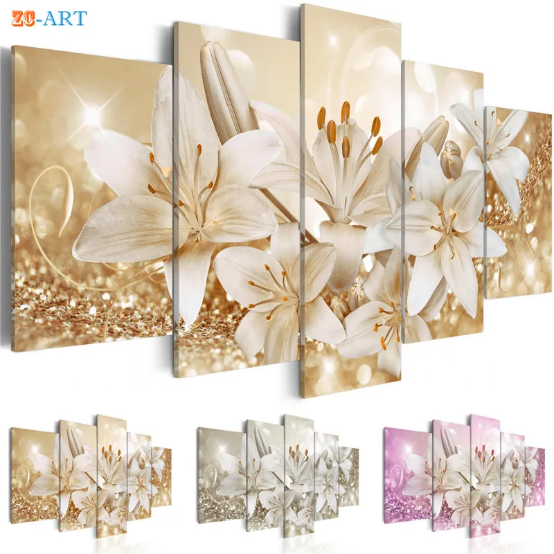 

Wealth and Luxury Golden Lilies Flowers Prints Canvas Painting 5 Panel Pink and Sliver Blossom Poster Modern Wall Art Home Decor