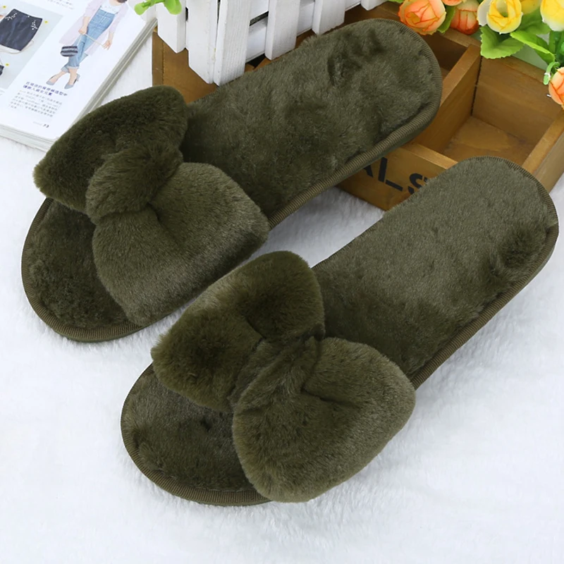 

2018 Women Indoor Slippers Warm with Fur Bow-knot Ladies Winter Shoes Female Footwear Black Gray Women Shoes ZBT1127