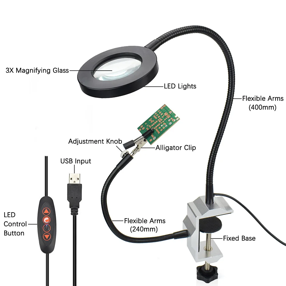 KKMOON светодиодный 3X лупа скамейки тиски, стол зажим для пайки ручная паяльная станция USB 5 шт. гибкие руки Третий ручной инструмент