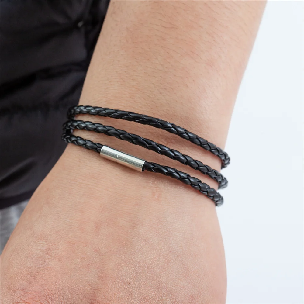 Fashion Men's Leather Bracelet 3 Laps Stainless Steel Lock Black
