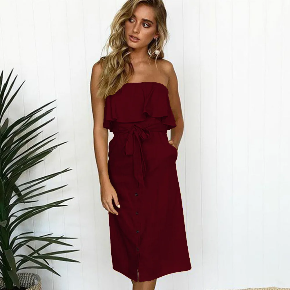 

Women Dress Summer Boho Beach Sexy Elegant Sundress Seven-Color Sexy Word Collar Button Ruffle Dresses Female Vestidos Lady OL