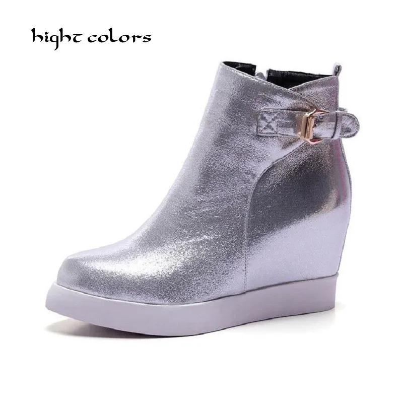 

( hight colors ) New 2017 Women Zip Ankle Boots Silver Gold Platform Shoes Woman Slip On Creepers Casual Height Increading
