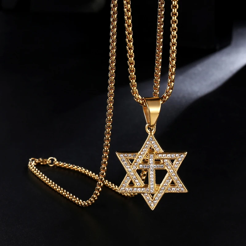 

HIP Hop Gold Color Stainless Steel Full Rhinestone Bright Star of David Cross Necklaces & Pendants Men Jewelry