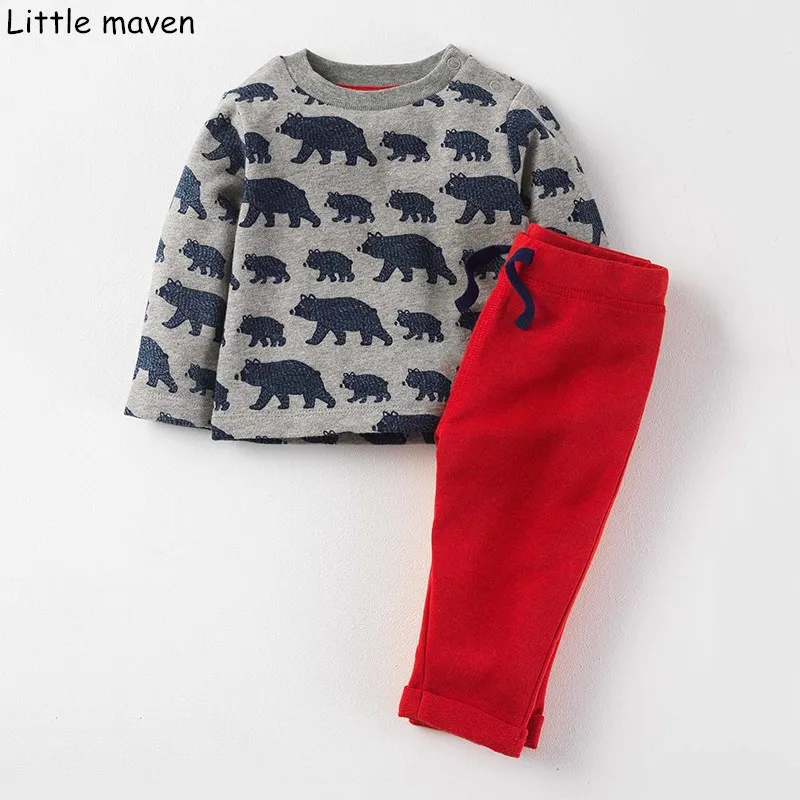 

Little maven children's sets 2018 autumn boys terry brand long sleeve bear print Knitte thick t shirt + solid red pants 20137