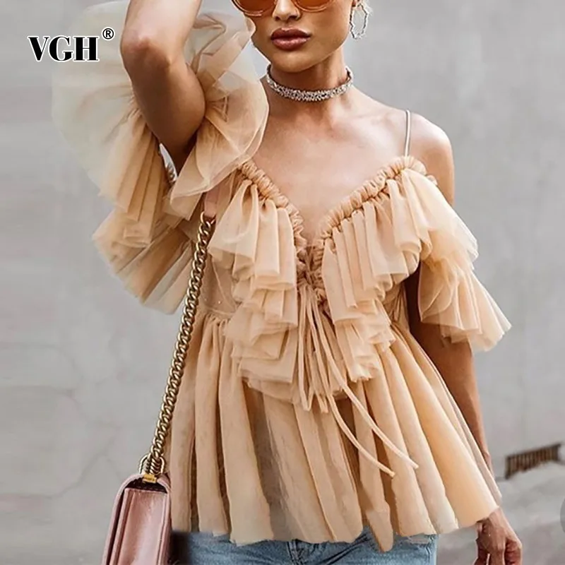 

VGH 2019 Summer Camis Tops For Women V Neck Mesh Patchwork Off Shoulder Bandage Bow Solid Korean Clothing Female Fashion New